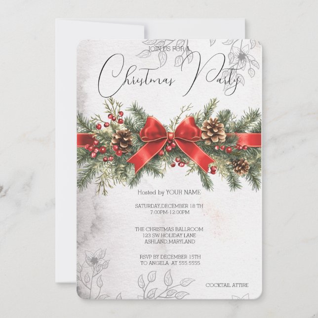 Invitation Red Ribbon Pinecone PIne Tree Holly Berry Party (Devant)