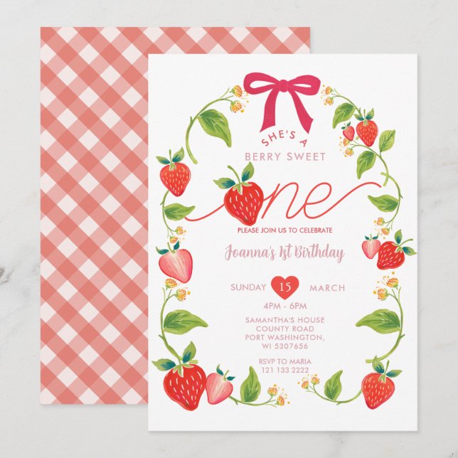 Invitation Red Ribbon Strawberry Sweet One Berry Birthday  (Devant / Derrière)
