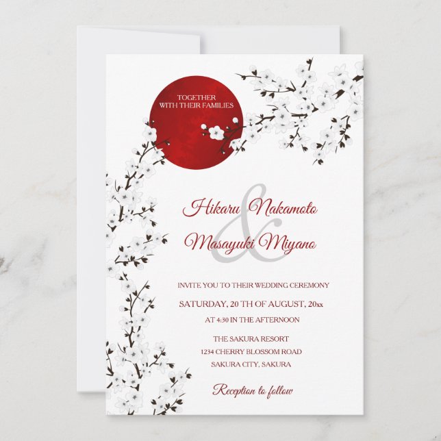 Invitation Red Rising Sun White Cherry Blossom | MARIAGE (Devant)