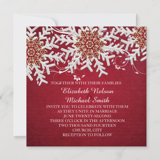 Invitation Red Romantic Christmas Snowflakes Wedding Invitati (Devant)