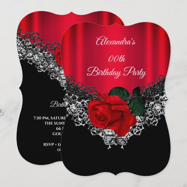 Invitation Red Rose Anniversaire Dentelle Black Silver (Devant / Derrière)