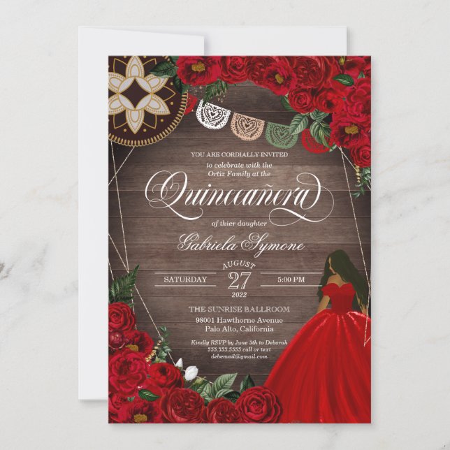 Invitation Red Rose Ball Gown Western Charro Quinceañera 15e (Devant)
