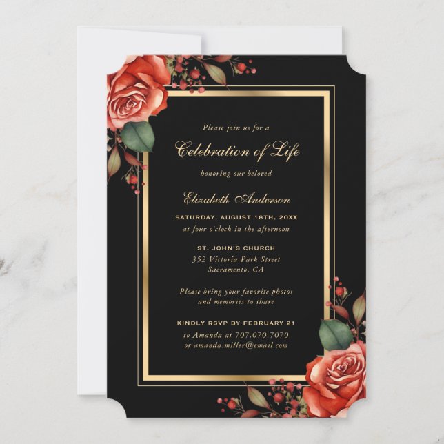 Invitation Red Rose Black Gold Photo Célébration de la vie (Devant)