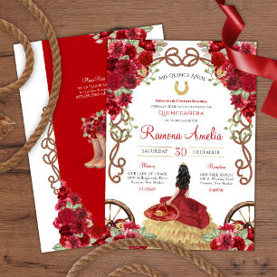 Invitation Red Rose Charra Western Quinceañera