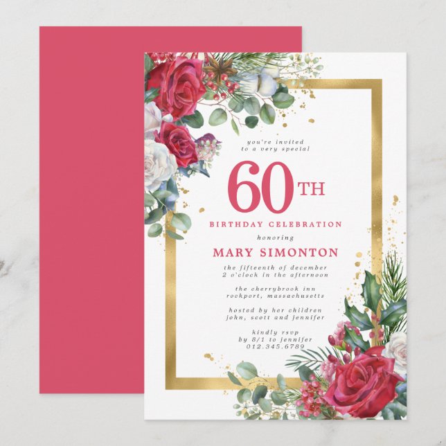 Invitation Red Rose Gold Holly 60e anniversaire (Devant / Derrière)