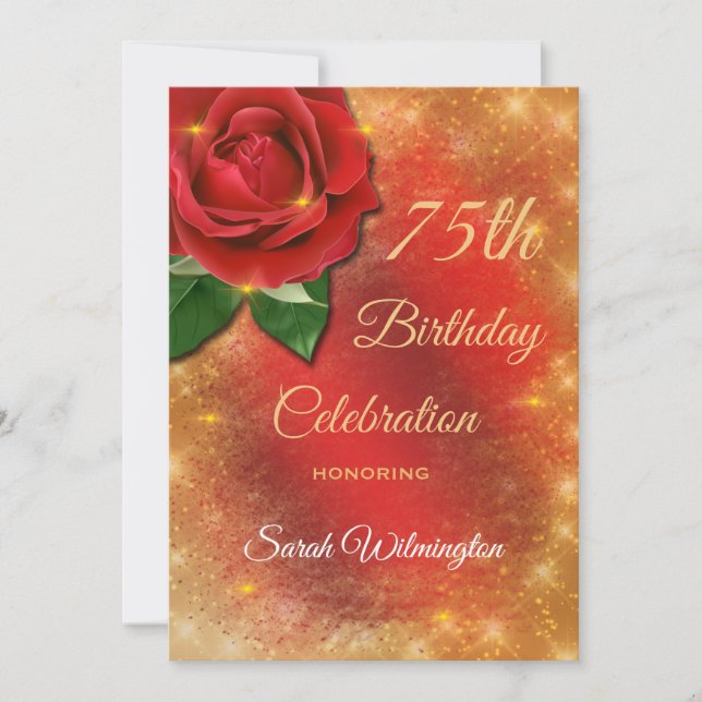 Invitation Red Rose Gold Sparkle Satin 75e anniversaire (Devant)