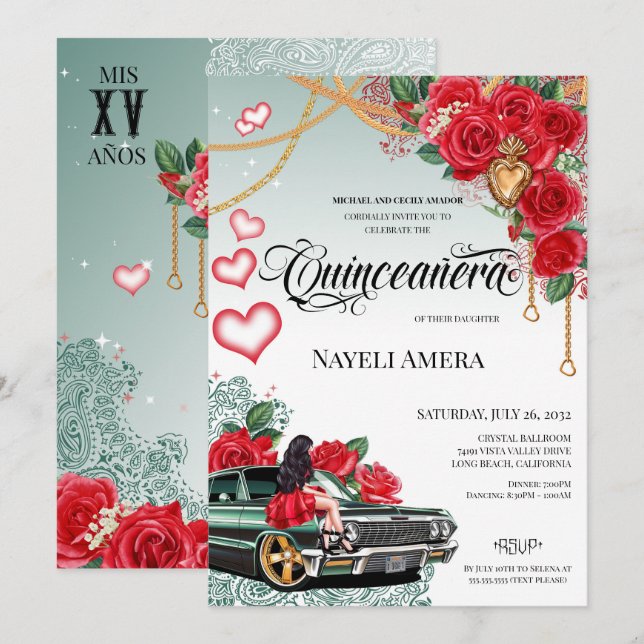 Invitation Red Rose Green Lowrider Mexicana Quince Anniversai (Devant / Derrière)