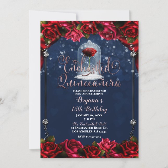 Invitation Red Rose Marine Blue Gold Quinceañera 15 15ème Par (Devant)
