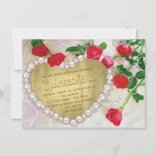 Invitation Red Rose Pearl Heart Quinceañera (Devant)