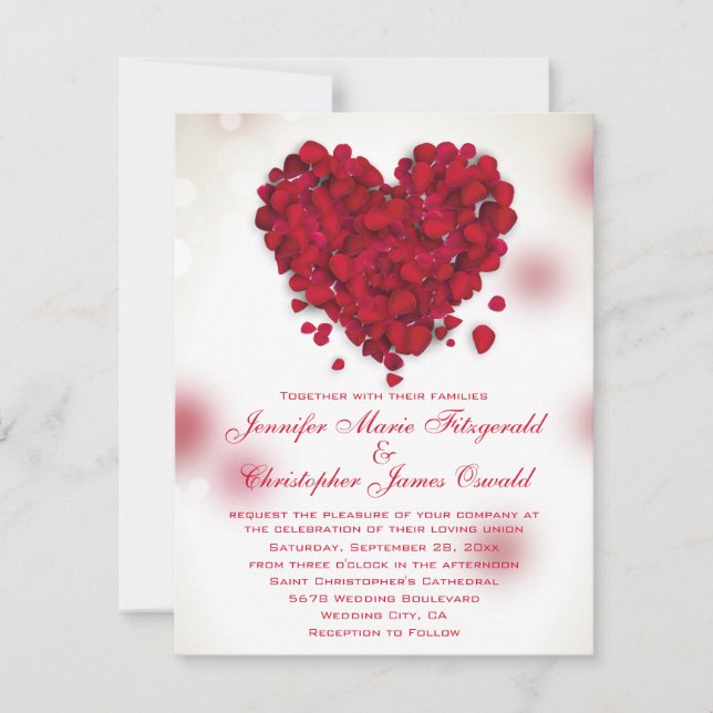 Invitation Red Rose Petals Love Heart Mariage (Devant)