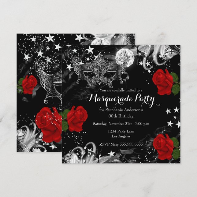 Invitation Red Rose Starry Magique Nuit Masquerade Party (Devant / Derrière)