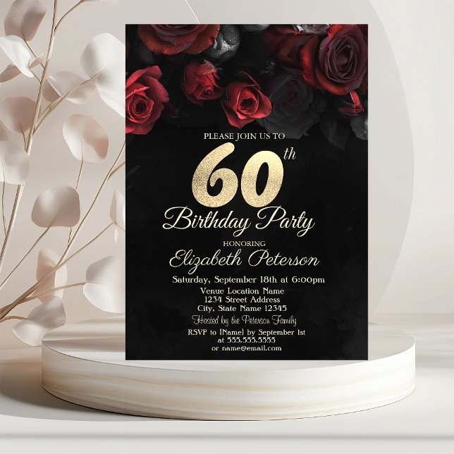 Invitation Red Roses Black Gold 60e anniversaire (Créateur téléchargé)