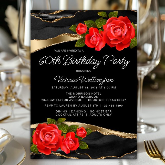 Invitation Red Roses Black Gold N'importe quel nombre Anniver (Pretty red roses on an elegant black and gold background any number birthday and event invitation.)