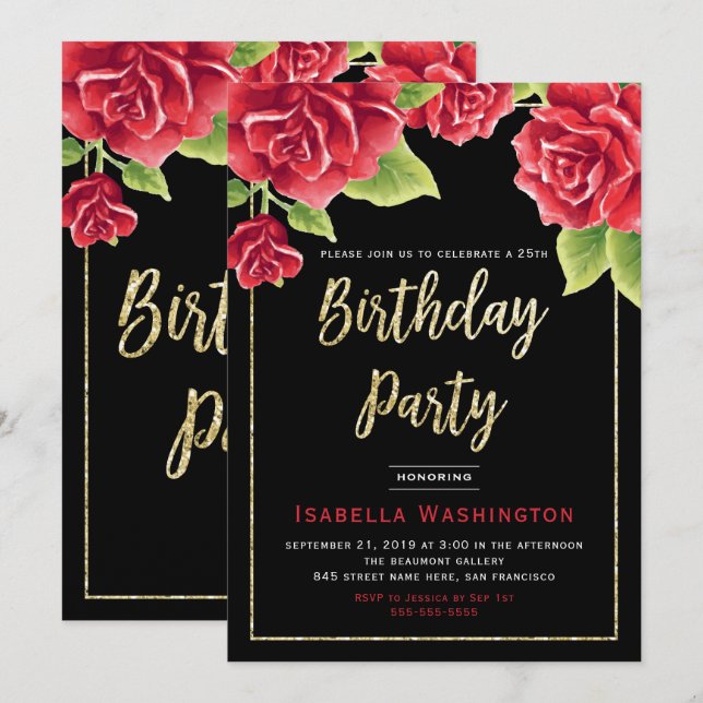 Invitation Red Roses Black & Gold Parties scintillant Anniver (Devant / Derrière)