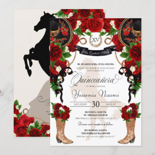 Invitation Red Roses Charro noir Occidental Elégant Quinceane