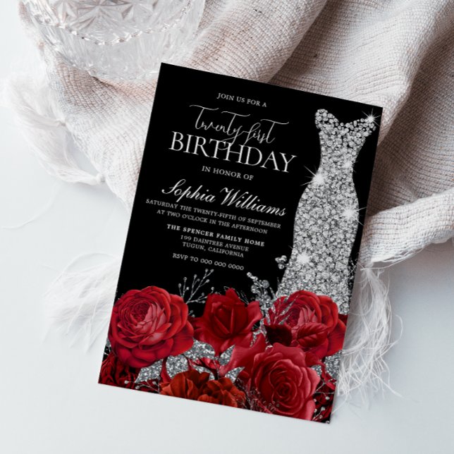 Invitation Red Roses Diamond Gown Noir 21e fête d'anniversair (Créateur téléchargé)