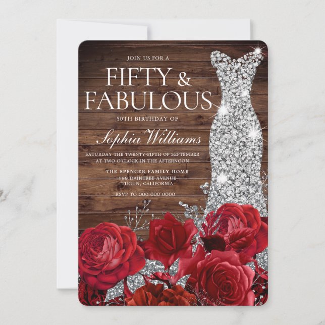 Invitation Red Roses Diamond Gown Rustique 50e anniversaire (Devant)