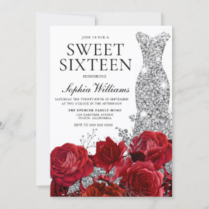 Invitation Red Roses Diamond Gown Sweet 16 Anniversaire