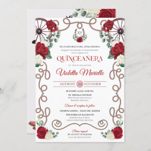 Invitation Red Roses Elegant Western Charro Quinceanera