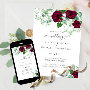 Invitation Red Roses Eucalyptus imprimé ou Mariage numérique