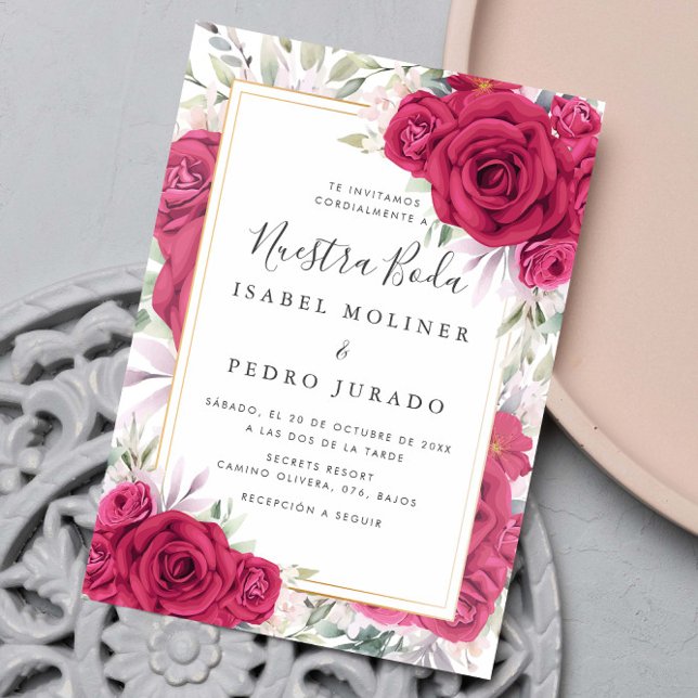 Invitation Red Roses Floral Nuestra Boda Mariage espagnol (Créateur téléchargé)