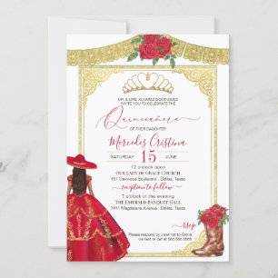 Invitation Red Roses Gold Elegant Western Charro Quinceanera
