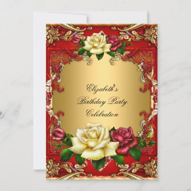 Invitation Red Roses Gold Élégante fête d'anniversaire 3 (Devant)