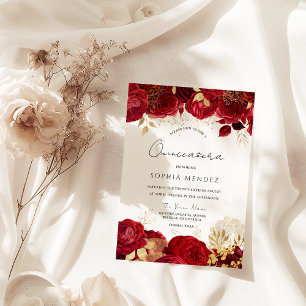 Invitation Red Roses Gold feuille Quinceanera Party