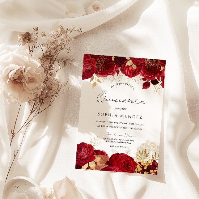 Invitation Red Roses Gold feuille Quinceanera Party (Créateur téléchargé)