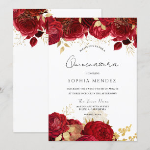 Invitation Red Roses Gold feuille Quinceanera Party Invitatio