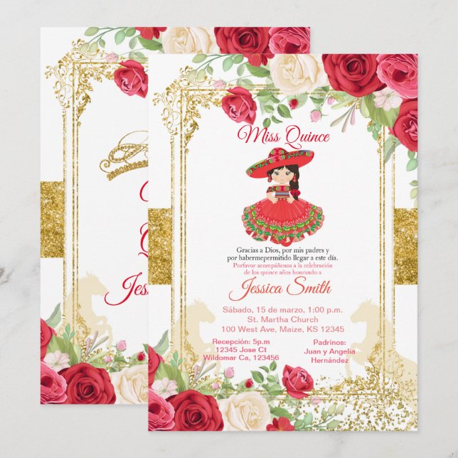 Invitation Red Roses & Gold Miss Quinceaña Mexicaine (Devant / Derrière)