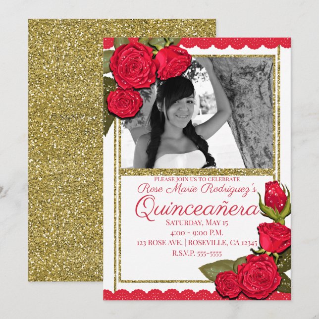 Invitation Red Roses Gold Parties scintillant Quinceañera fêt (Devant / Derrière)