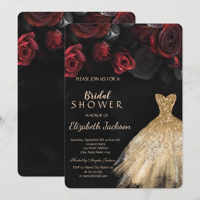 Invitation Red Roses Gold Parties scintillant robe Fête des m (Devant / Derrière)