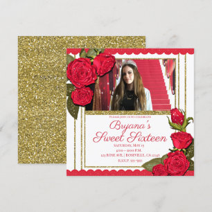 Invitation Red Roses Gold Parties scintillant Sweet 16 Annive
