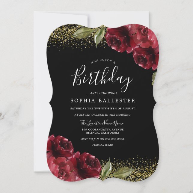 Invitation Red Roses Gold Parties scintillant Toutes les anné (Devant)