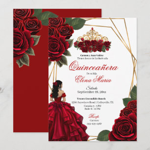 Invitation Red Roses Gold Quinceañera