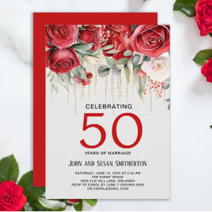 Invitation Red Roses Gold String Lumières 50e anniversaire