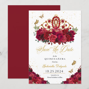 Invitation Red Roses & Gold Tiara Enregistrer La Date Quincea