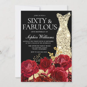Invitation Red Roses Golden Gown Noir 60e fête d'anniversaire