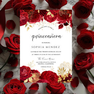 Invitation Red Roses Golden leaf Quinceanera Party