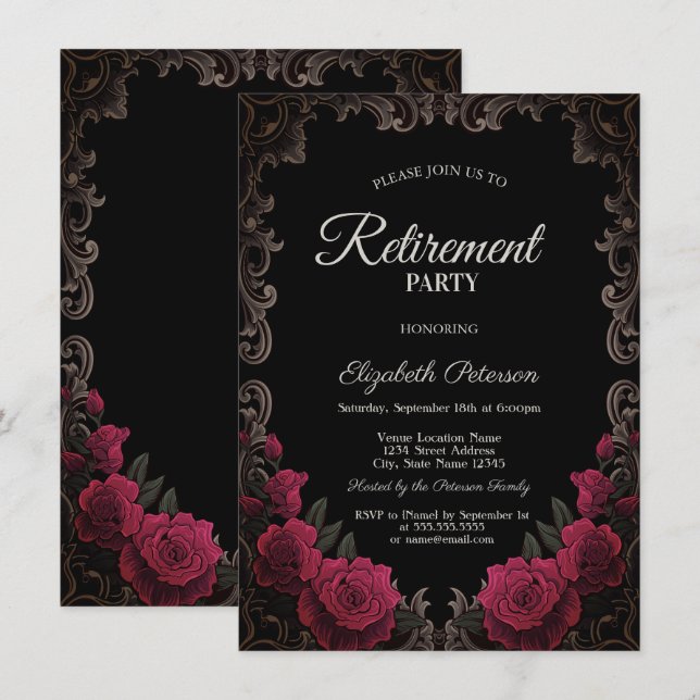 Invitation Red Roses Gothic Frame Black Retirement Party (Devant / Derrière)