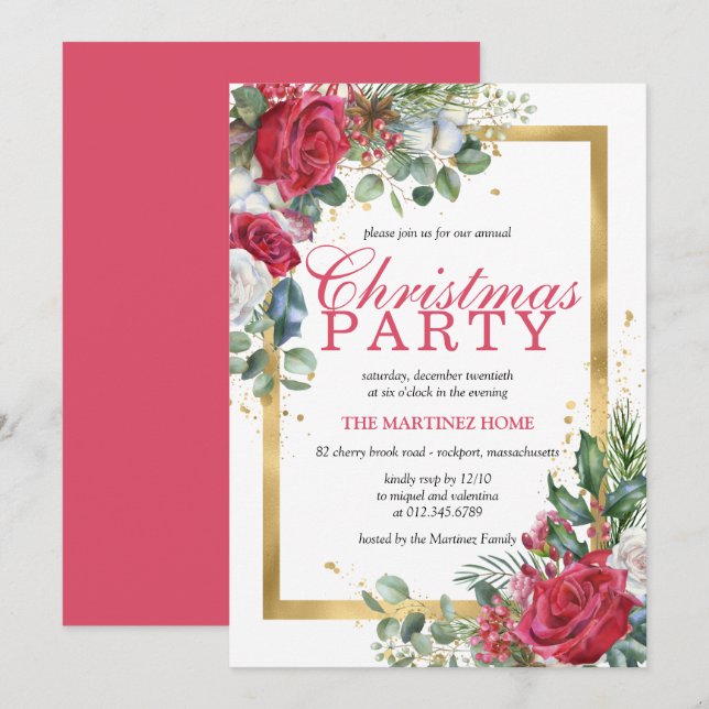 Invitation Red Roses Holly Berry Rustic Chic Noël Party (Devant / Derrière)