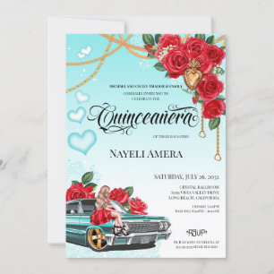 Invitation Red Roses Lowrider Chola Sacré Coeur Quinceanera