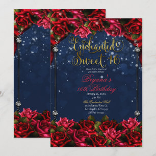 Invitation Red Roses Marine Blue Gold Enchanted Sweet 16 16e