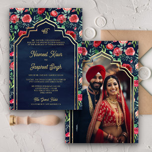 Invitation Red Roses Navy Blue Photo Anand Karaj Sikh Mariage
