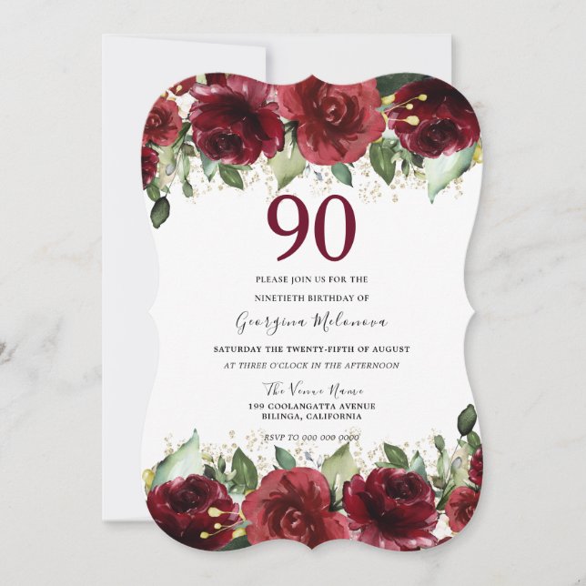 Invitation Red Roses Parties scintillant Floral 90e fête d'an (Devant)