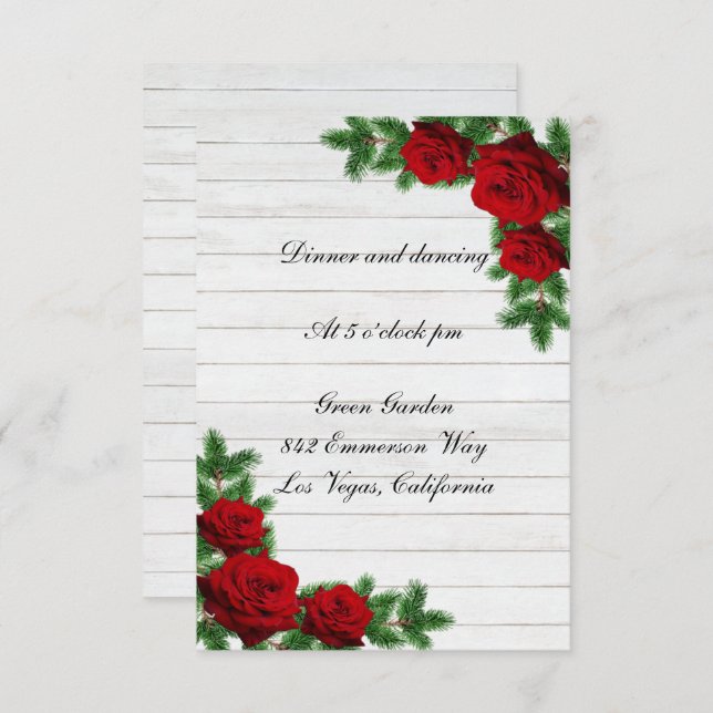 Invitation Red Roses Pine Branche Noël Mariage Réception (Devant / Derrière)