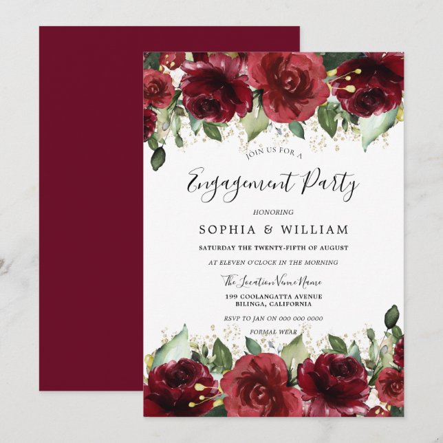 Invitation Red Roses Romantique Floral Engagement Party (Devant / Derrière)