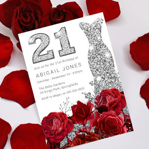 Invitation Red Roses & Silver Gown 21e fête d'anniversaire
