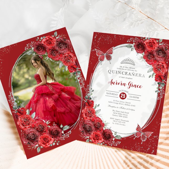 Invitation Red Roses Silver Quinceañera 15e anniversaire fête (Créateur téléchargé)